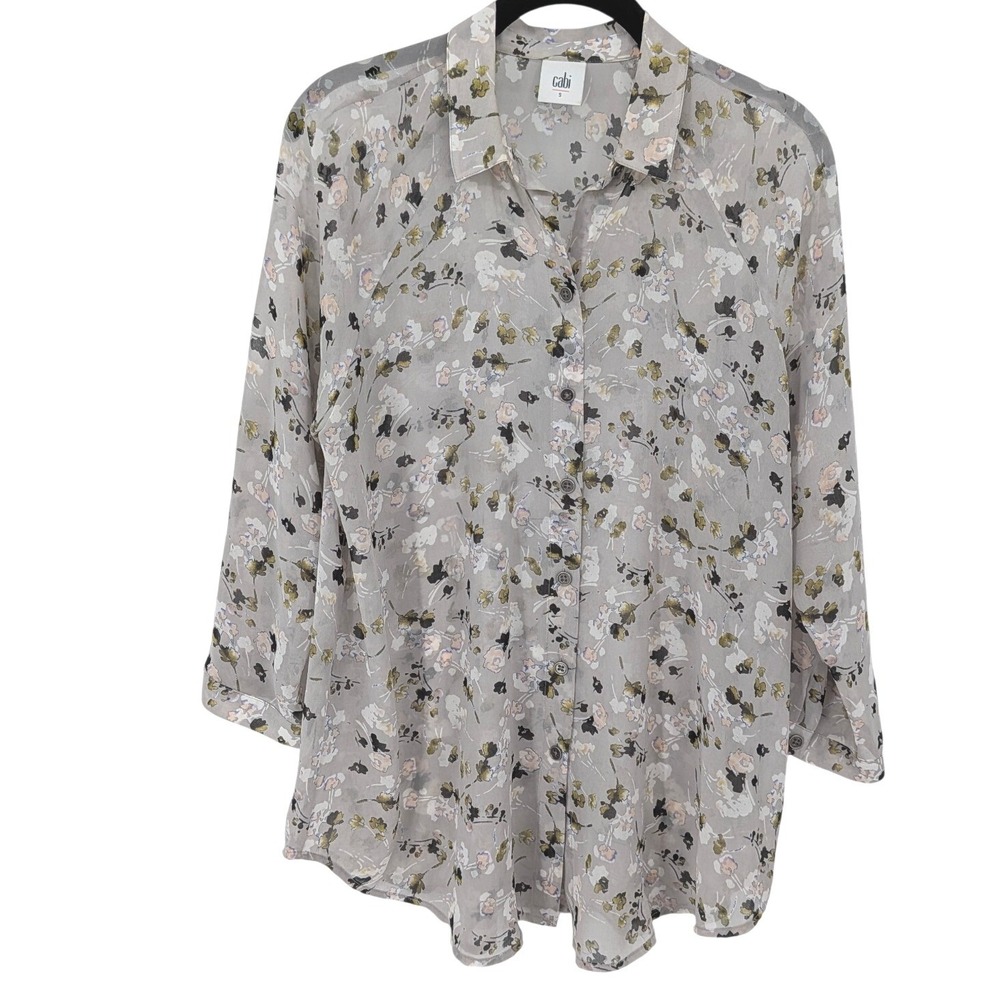 Cabi Button Front Blouse Women Small Gray Floral Sheer Long Sleeve Office 5204
